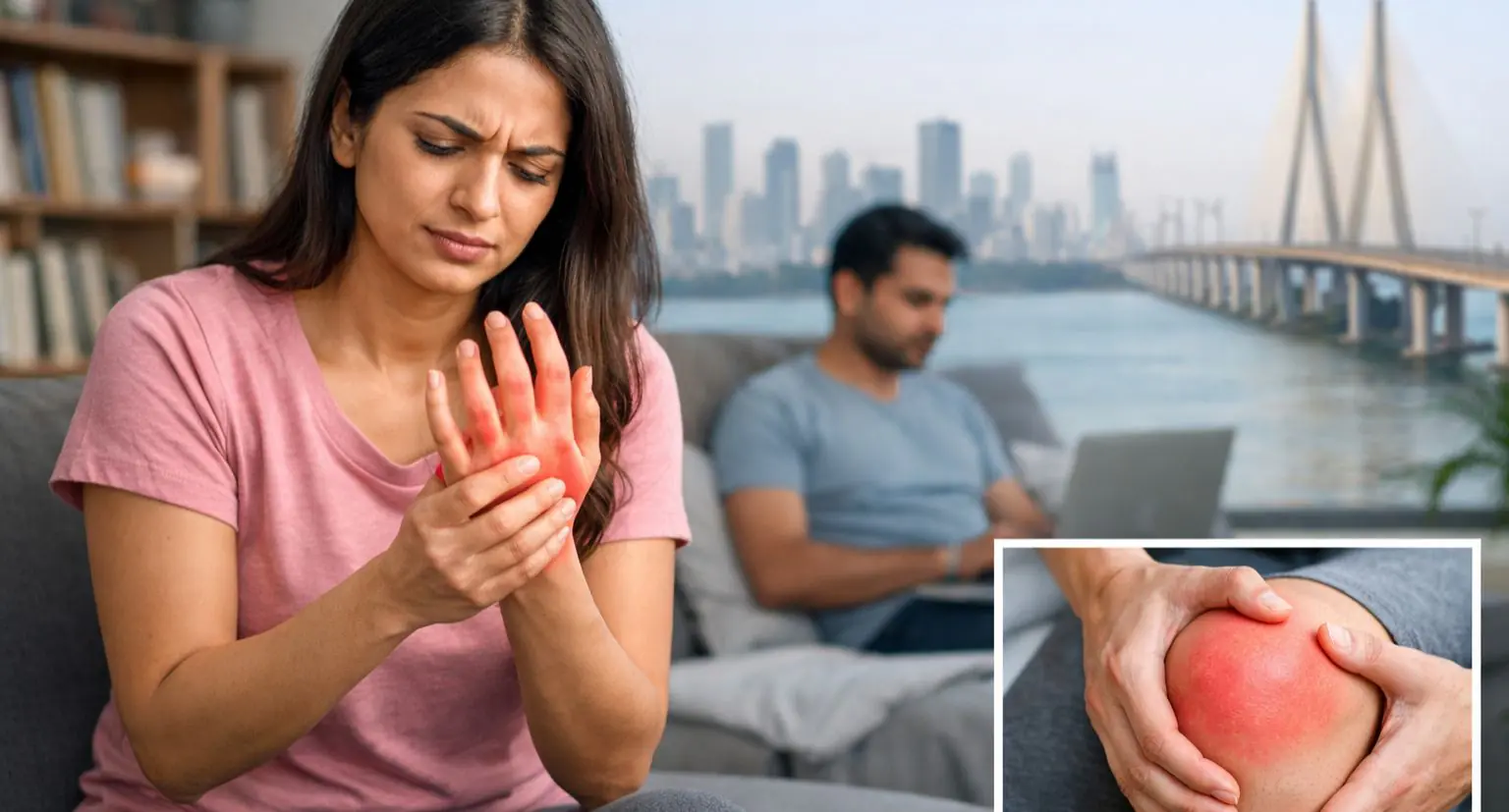 Young woman experiencing rheumatoid arthritis joint pain in hands and knees, representing early rheumatoid arthritis symptoms in young adults seeking treatment in Mumbai.