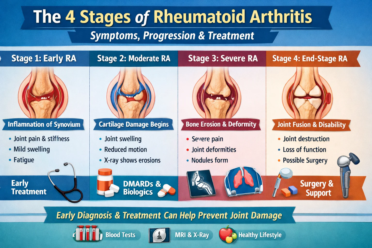 Detailed visual guide of rheumatoid arthritis stages from early inflammation to joint damage, symptoms, progression and modern treatment options
