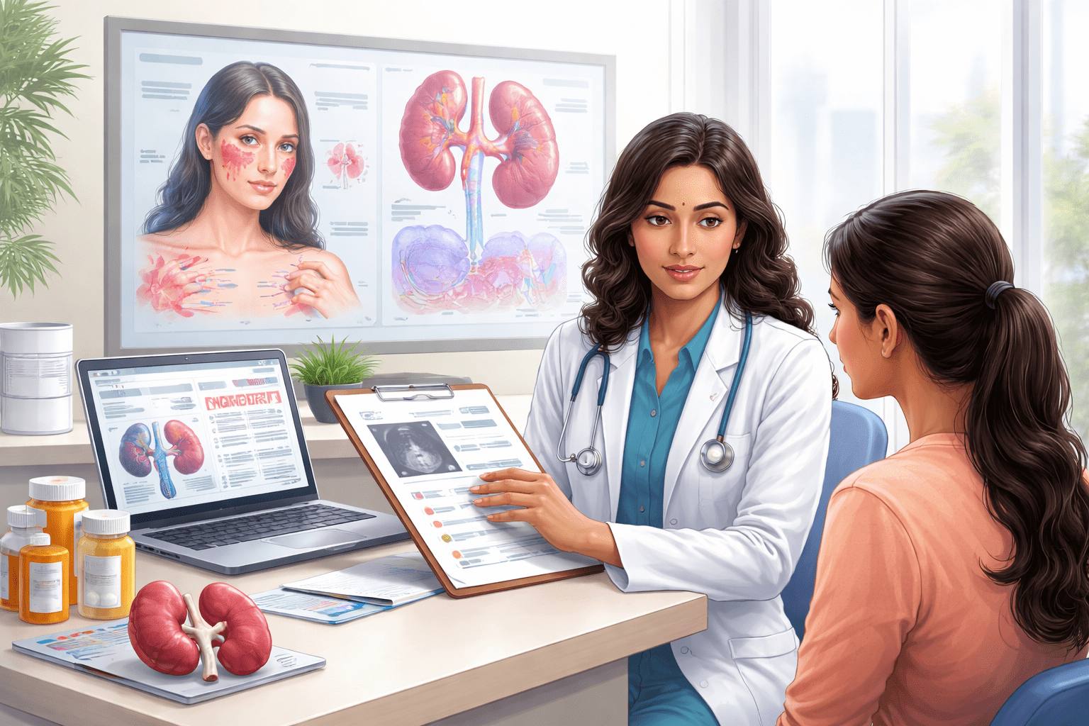 Systemic lupus erythematosus SLE consultation in Mumbai showing rheumatologist explaining lupus symptoms ANA positive test meaning and lupus nephritis treatment to patient in modern clinic