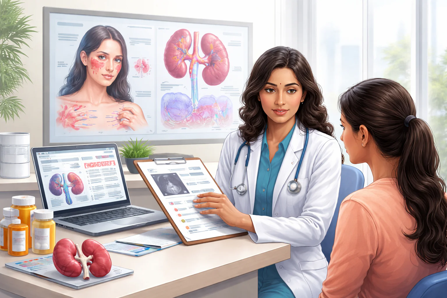 Systemic lupus erythematosus SLE consultation in Mumbai showing rheumatologist explaining lupus symptoms ANA positive test meaning and lupus nephritis treatment to patient in modern clinic