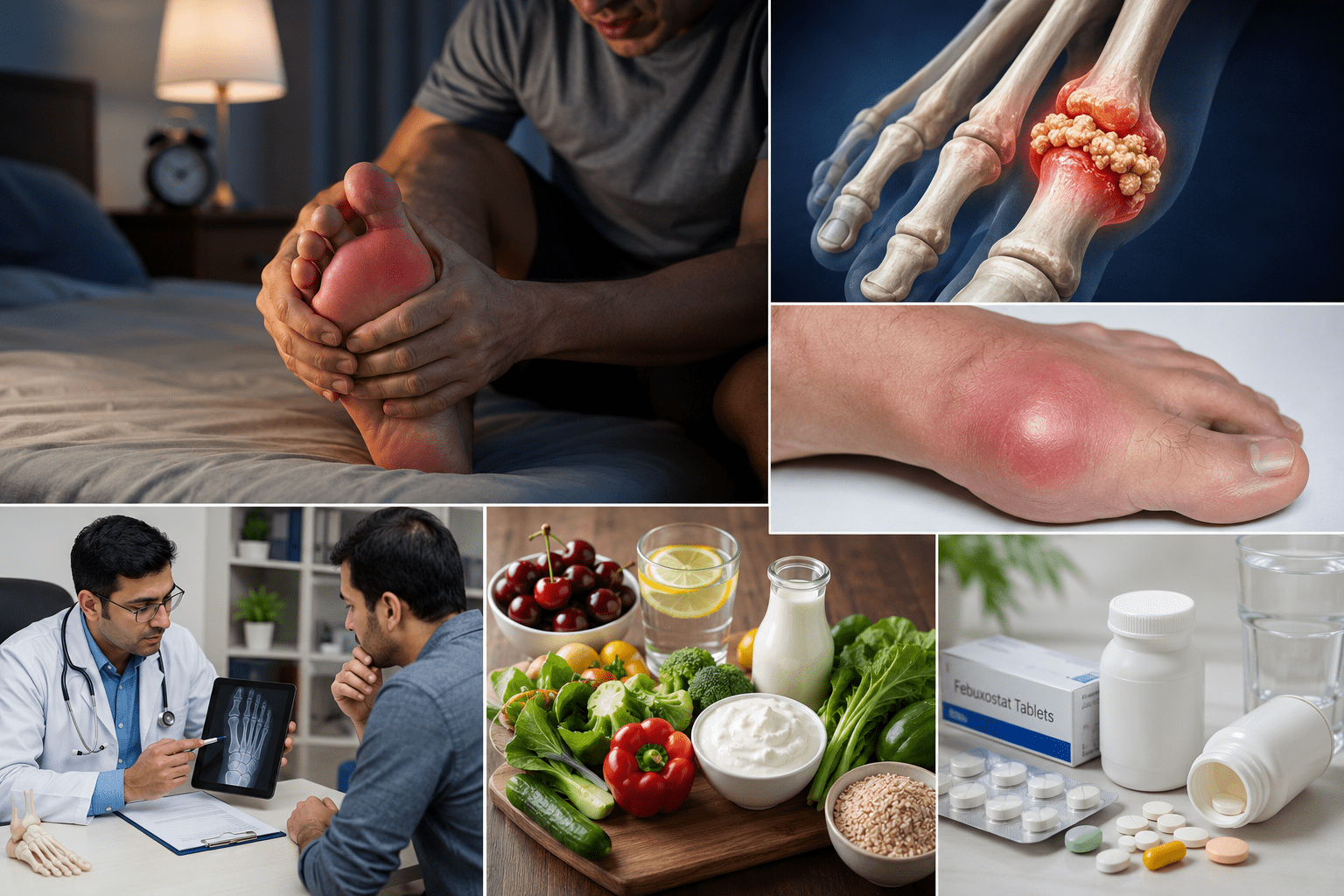 Man suffering from severe gout pain in swollen big toe with rheumatologist consultation, uric acid joint inflammation, healthy gout diet, and gout treatment concept.