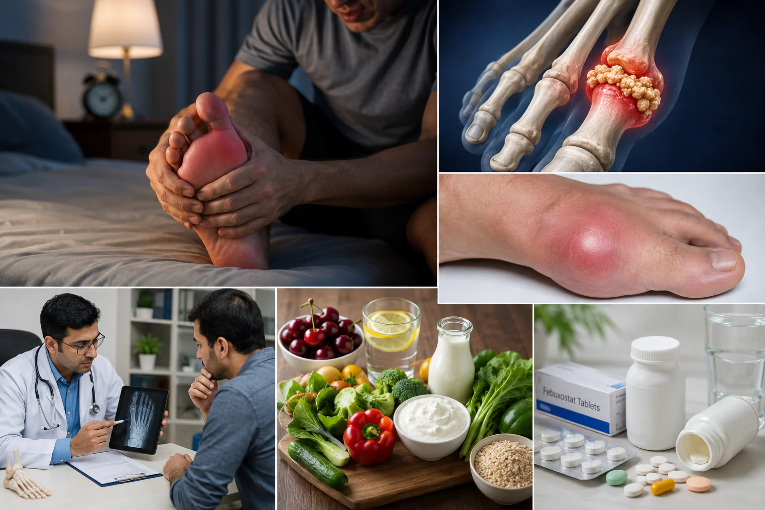 Man suffering from severe gout pain in swollen big toe with rheumatologist consultation, uric acid joint inflammation, healthy gout diet, and gout treatment concept.