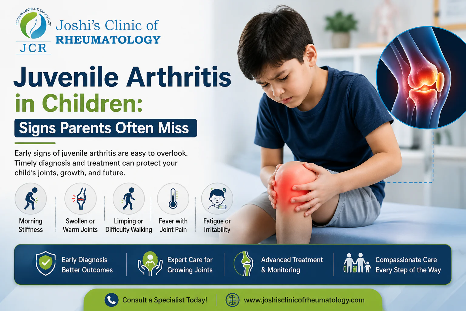 Child with knee pain showing early signs of juvenile arthritis, including joint swelling, morning stiffness, and mobility problems.