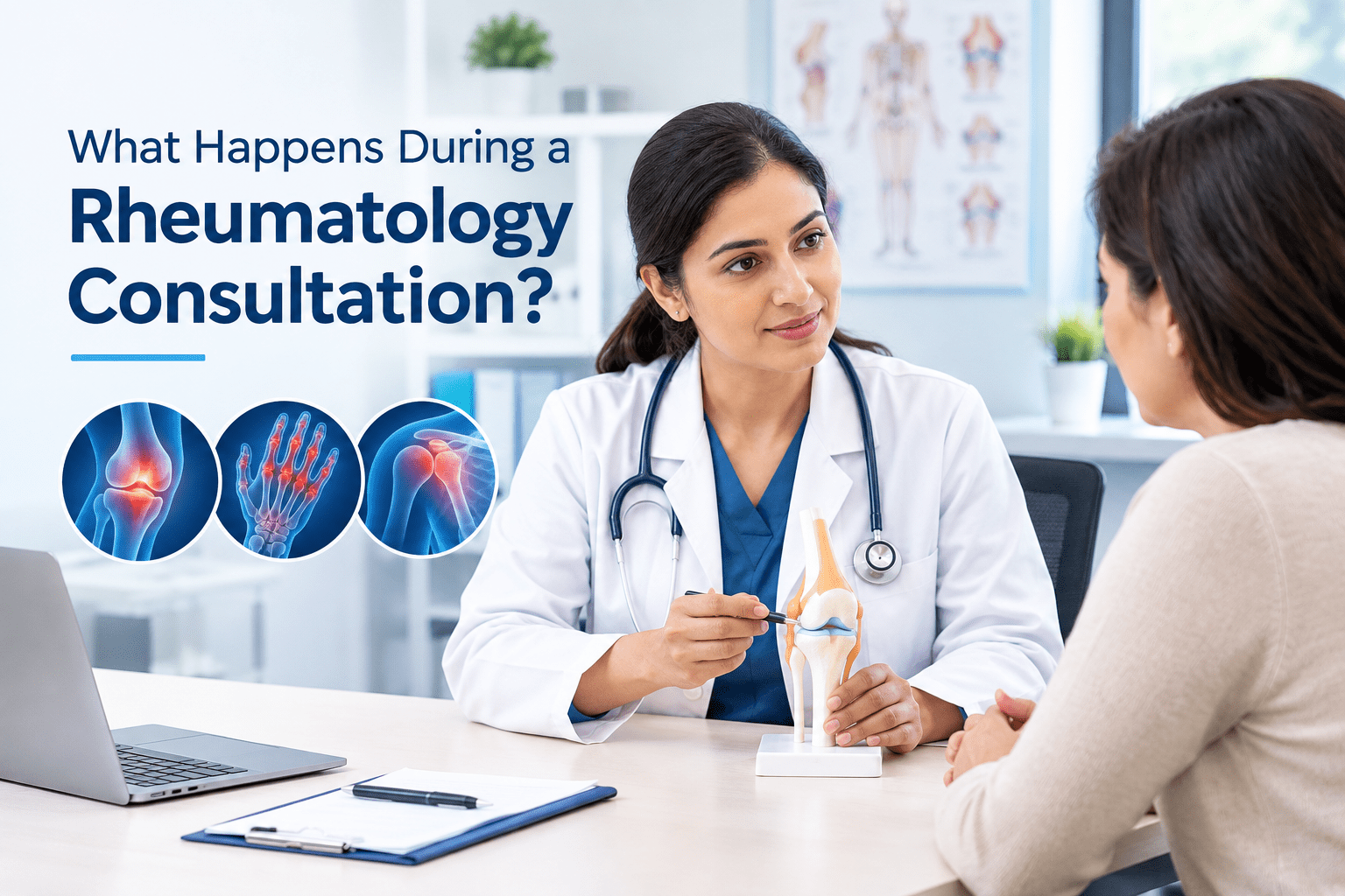 Rheumatologist discussing joint pain with a patient during a consultation