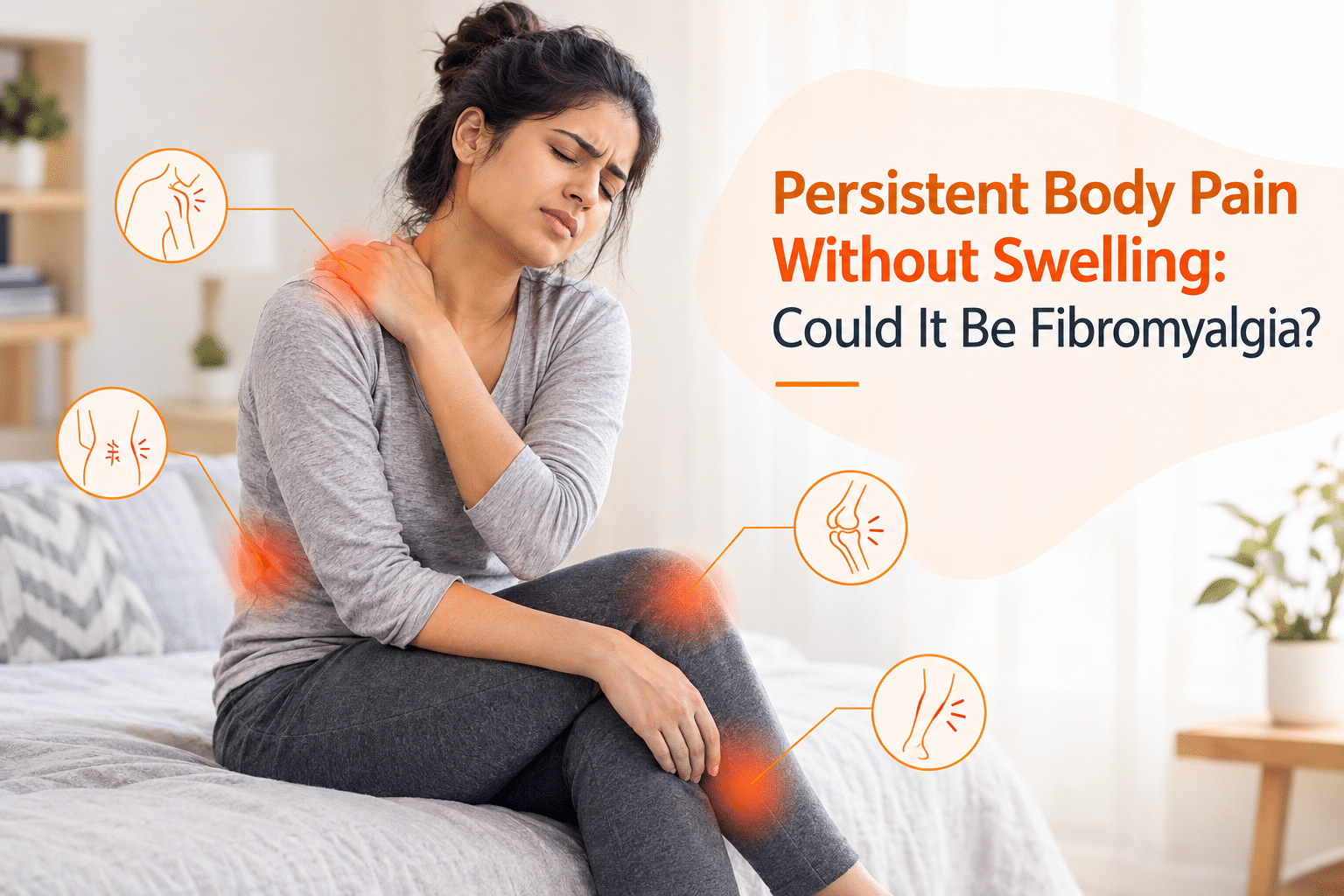 Woman experiencing persistent body pain without swelling, a possible symptom of fibromyalgia