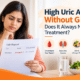 High uric acid without gout, showing a woman reviewing her uric acid blood test report