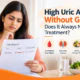 High uric acid without gout, showing a woman reviewing her uric acid blood test report