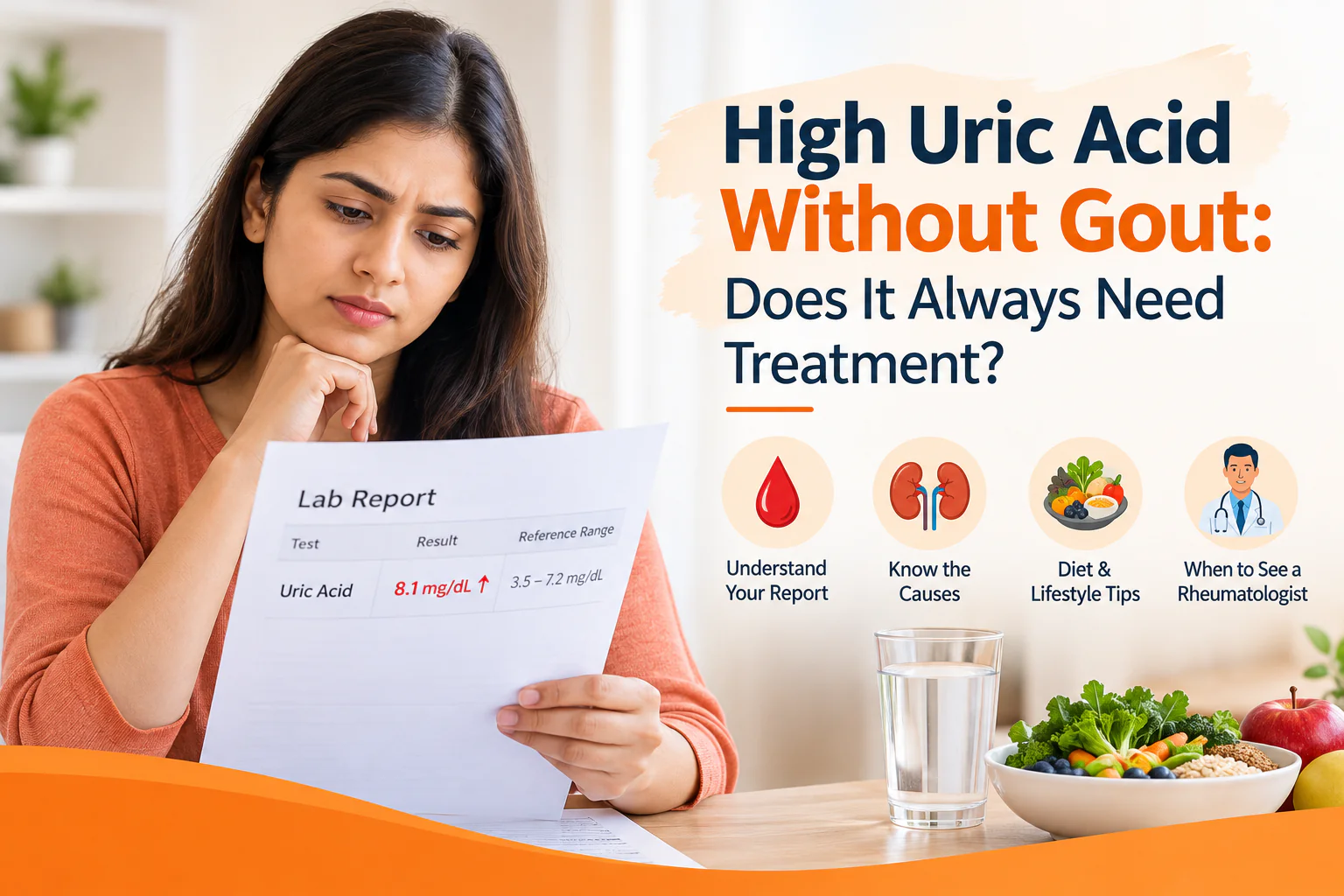 High uric acid without gout, showing a woman reviewing her uric acid blood test report